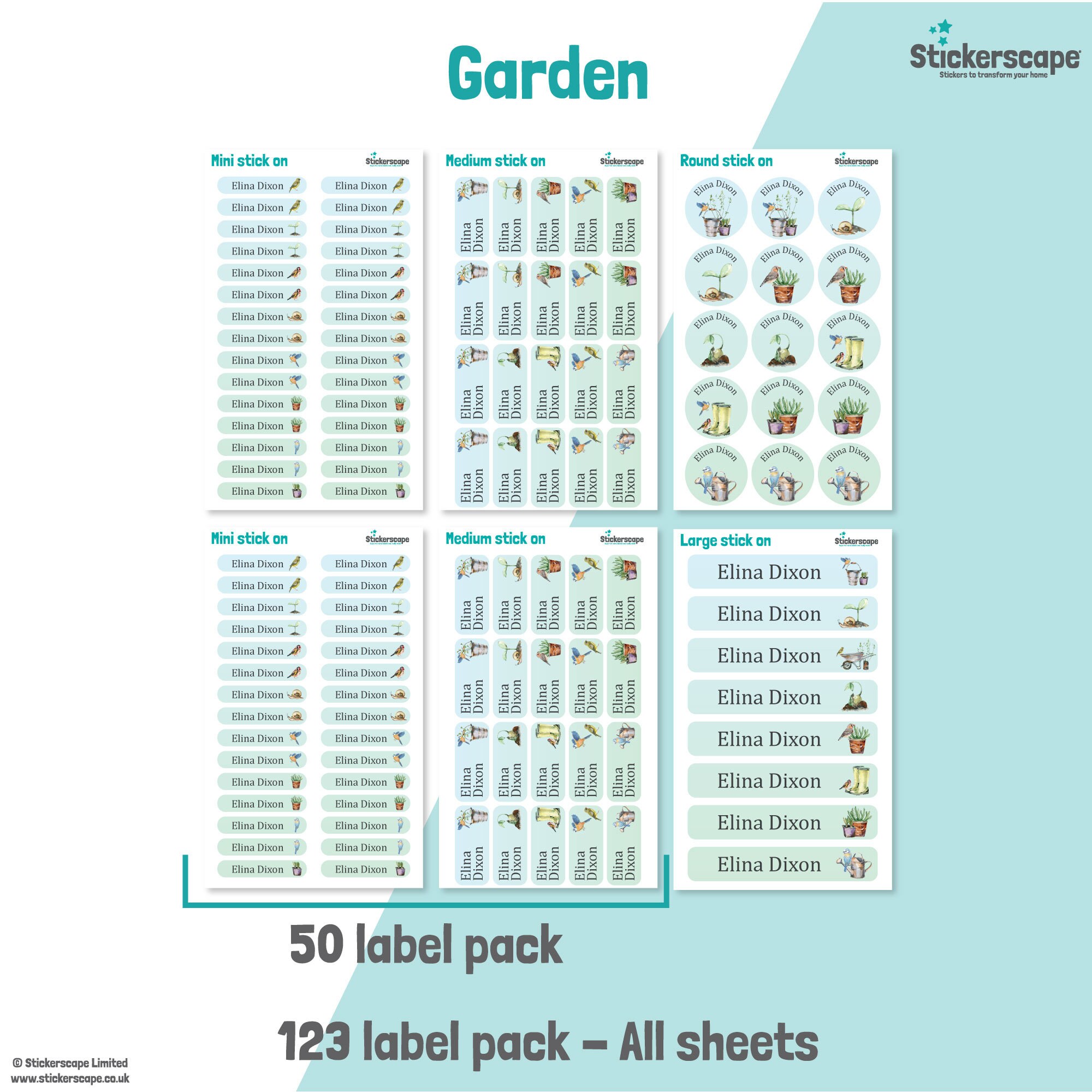 50 or 123 Stick on Name Labels, Garden Name Labels, Care Name Labels ...