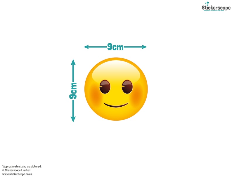 May include: Yellow smiley face emoji sticker with blushing cheeks and a slight smile. The sticker is 9 cm wide and 9 cm tall.