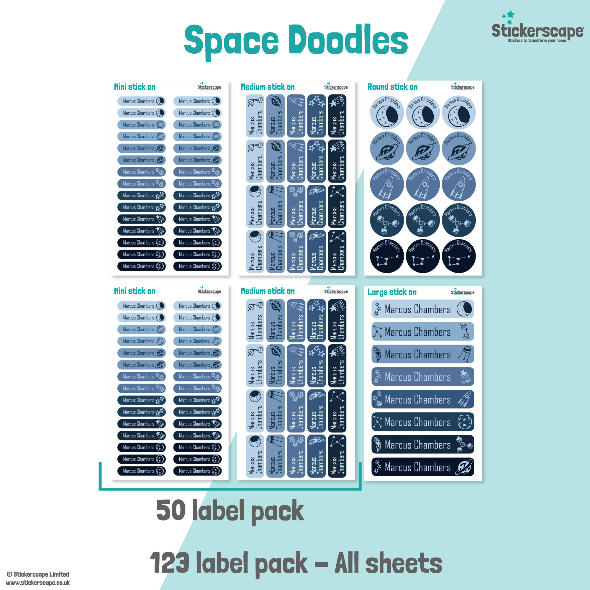 50 or 123 Stick on Name Labels, Space Doodles Name Labels, School Name ...