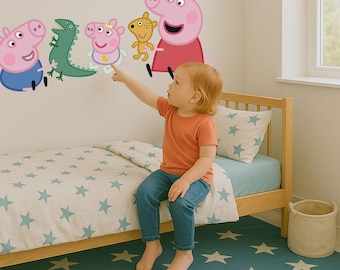 Pegatina de pared de Peppa Pig, George y Evie / Decoración oficial de Peppa Pig / Pegatina de pared para dormitorio infantil / Dos tamaños
