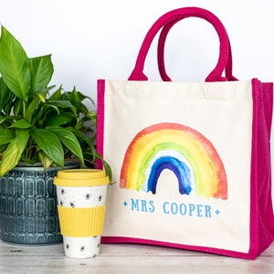 Sac en toile arc-en-ciel personnalisé pour enseignant, cadeaux pour enseignant, cadeau de fin d'année, cadeau de remerciement pour enseignant, cadeau d'assistante pédagogique, aide maternelle