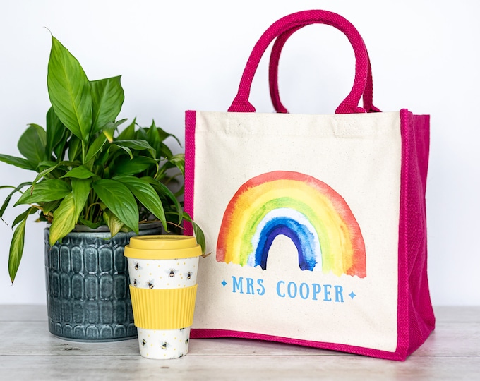 Personalised Teacher Rainbow Canvas Bag, Teacher Gifts, End of Term Gift, Thank You Teacher Gift, Teaching Assistant Gift, Nursery Assistant