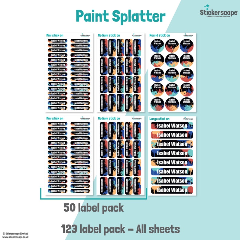 50 or 123 Stick on Name Labels, Paint Splatter Name Labels, School Name ...