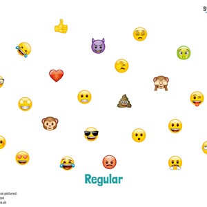 May include: A collection of 19 yellow emoji faces with different expressions, including a heart, a devil, a poop emoji, a monkey, and a thumbs up. The word "Regular" is written in teal text at the bottom of the image.