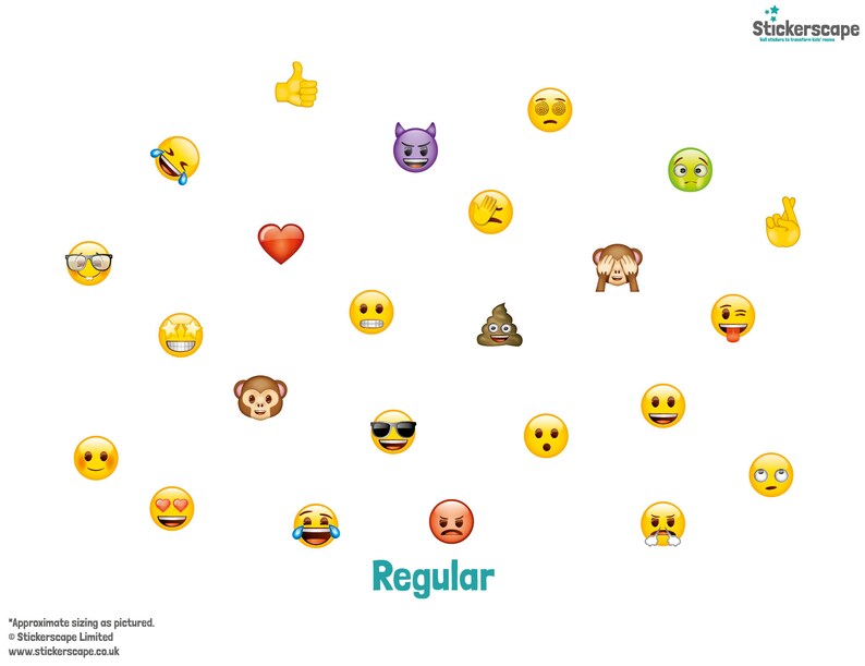 May include: A collection of 19 yellow emoji faces with different expressions, including a heart, a devil, a poop emoji, a monkey, and a thumbs up. The word "Regular" is written in teal text at the bottom of the image.