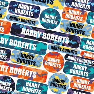 50 or 123 Stick On Name Labels, Bright Camo Name Labels, School Name Stickers, School Name Tags, Children’s Name Labels for Clothes