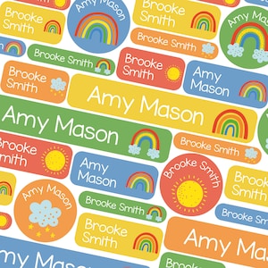 50 or 123 Stick On Name Labels, Bright Rainbows Name Labels, School Name Stickers, School Name Tags, Children’s Name Labels for Clothes