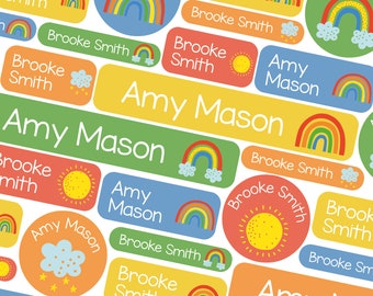 50 or 123 Stick On Name Labels, Bright Rainbows Name Labels, School Name Stickers, School Name Tags, Children’s Name Labels for Clothes