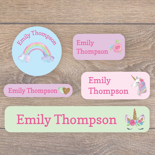 Personalised unicorns and rainbows name labels, School name tags, School name labels