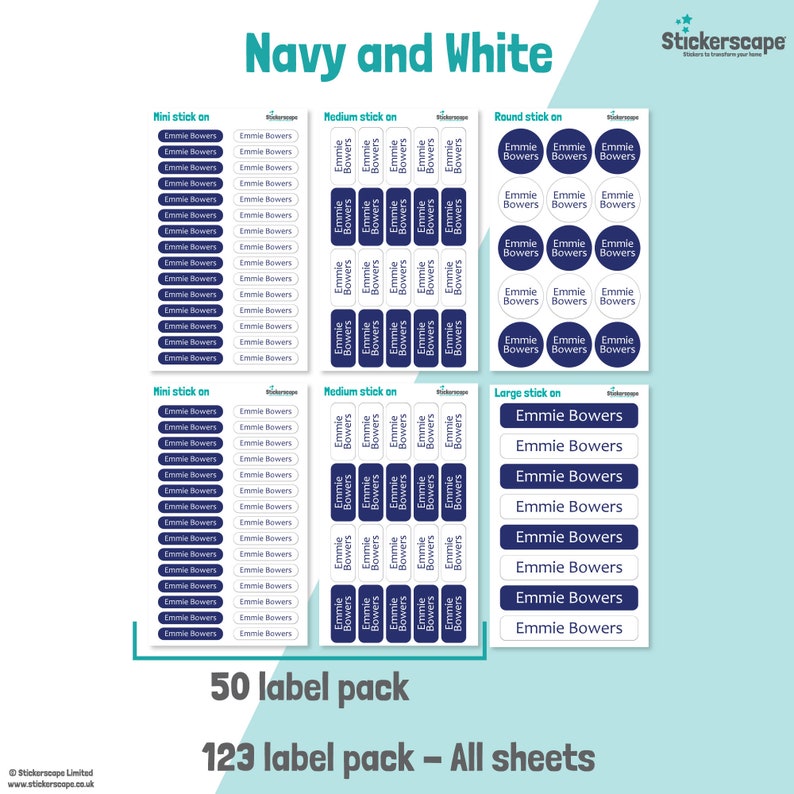 50 or 123 Stick on Name Labels, Care Name Labels, Care Name Tags, Name ...