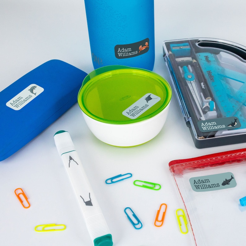 May include: A set of colourful personalised labels with the name "Adam Williams" printed on them. The labels are designed with a variety of sea creatures, including a dolphin, a manta ray, and a shark. The labels are shown on a variety of items, including a water bottle, a lunchbox, a pencil case, a marker, and a pair of glasses.
