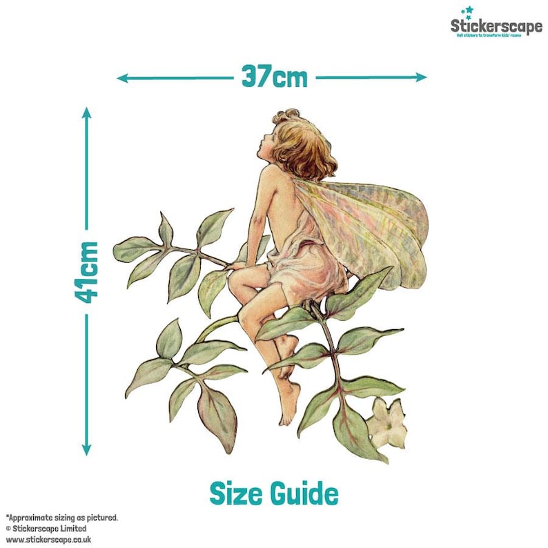 May include: A whimsical illustration of a fairy sitting on a branch of green leaves with delicate white flowers. The fairy has a light pink dress, a pair of wings, and is looking up. The illustration is 37 cm wide and 41 cm tall.