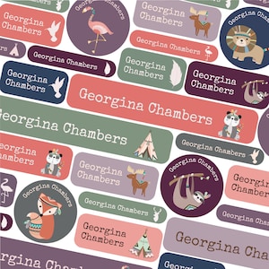 50 o 123 Etiquetas adhesivas con nombres, Etiquetas con nombres de tribus de animales, Pegatinas con nombres de escuelas, Etiquetas con nombres de escuelas, Etiquetas con nombres de niños para ropa