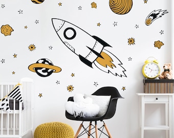 Space Rocket and Stars Wall Stickers for Kids Room Decor