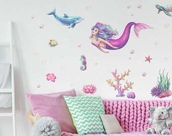 Watercolour Mermaid Scene Wall Stickers, Pink Underwater Mermaid Scene Wall Decals, Mermaid Stickers for Walls, Mermaid Themed Room