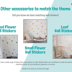 May include: Three images showing different wall sticker designs for a nursery or child's room. The first image shows a blue and white floral design, the second image shows a yellow and orange floral design, and the third image shows a green leaf design.