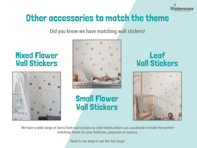 May include: Three images showing different wall sticker designs for a nursery or child's room. The first image shows a blue and white floral design, the second image shows a yellow and orange floral design, and the third image shows a green leaf design.