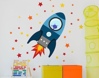 Blue Flying Rocket wall sticker, Blue Rocket wall sticker, Rocket wall decal, Space wall sticker, Space themed nursery