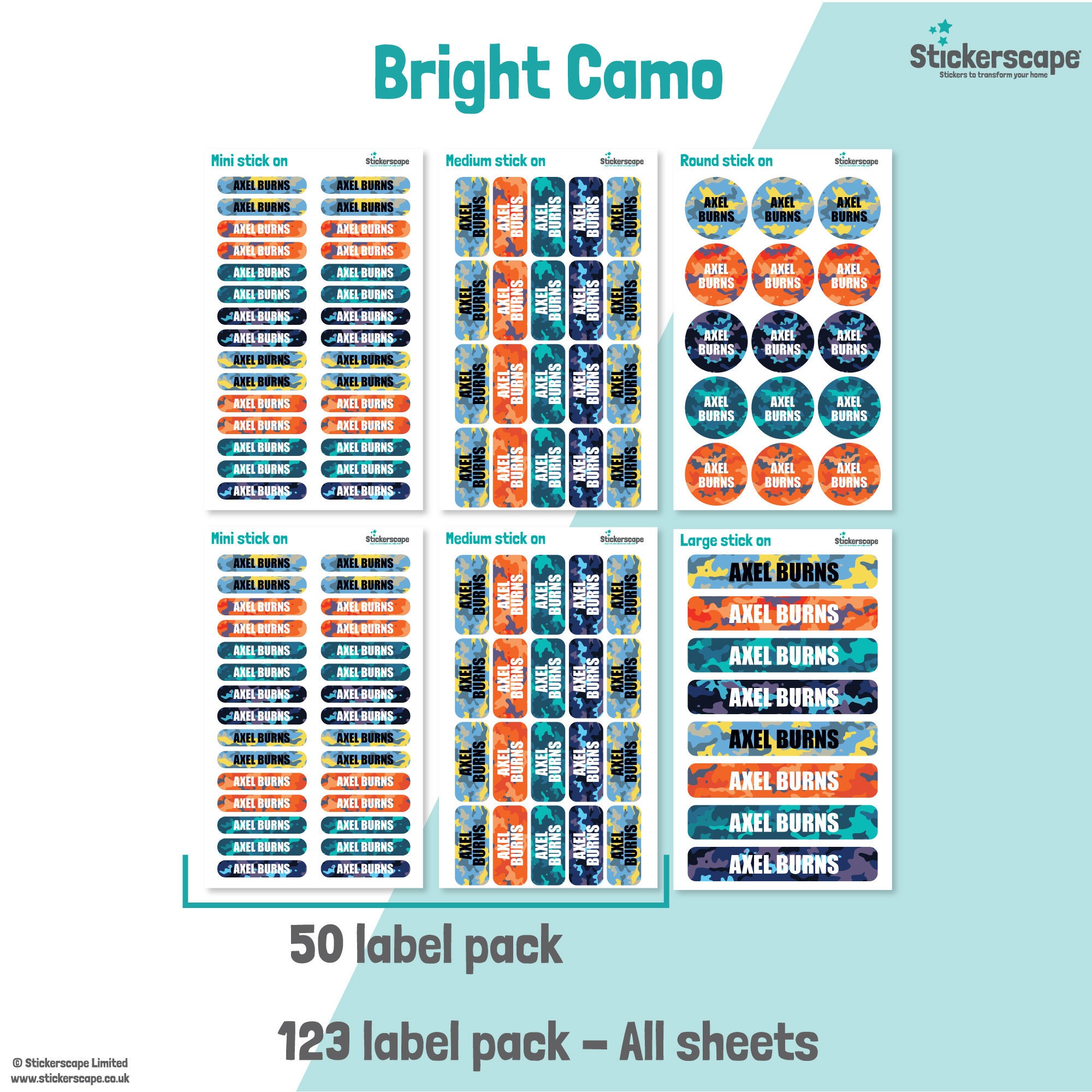 50 or 123 Stick on Name Labels, Bright Camo Name Labels, School Name ...