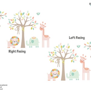 以下が含まれることがあります： ピンクのキリン、緑のゾウ、ピンクのライオン、木にぶら下がっているサル、緑とピンクの葉のついた木など、ジャングルの動物の壁用ステッカーのセット。ステッカーには「Left Facing」と「Right Facing」のラベルが貼られています。
