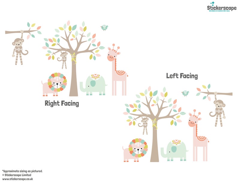 以下が含まれることがあります： ピンクのキリン、緑のゾウ、ピンクのライオン、木にぶら下がっているサル、緑とピンクの葉のついた木など、ジャングルの動物の壁用ステッカーのセット。ステッカーには「Left Facing」と「Right Facing」のラベルが貼られています。