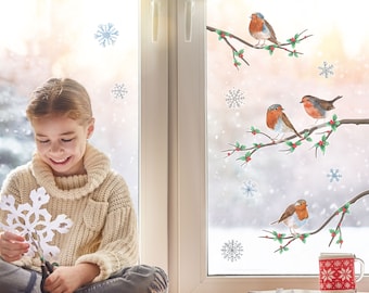 Pegatinas de ventanas de Robins de Navidad, pegatinas de ventanas de Navidad, pegatinas de ventanas de Robin, decoración de ventanas de Navidad, calcomanía de ventanas de Navidad