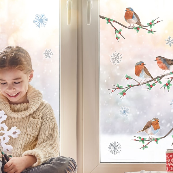 Adesivi per finestre Robins di Natale, adesivi per finestre di Natale, adesivi per finestre Robin, decorazioni per finestre di Natale, decalcomanie per finestre di Natale