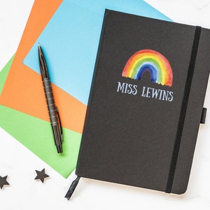 Personalised notebook, A5 teacher notebook, line pages, rainbow notebook design, black notebook
