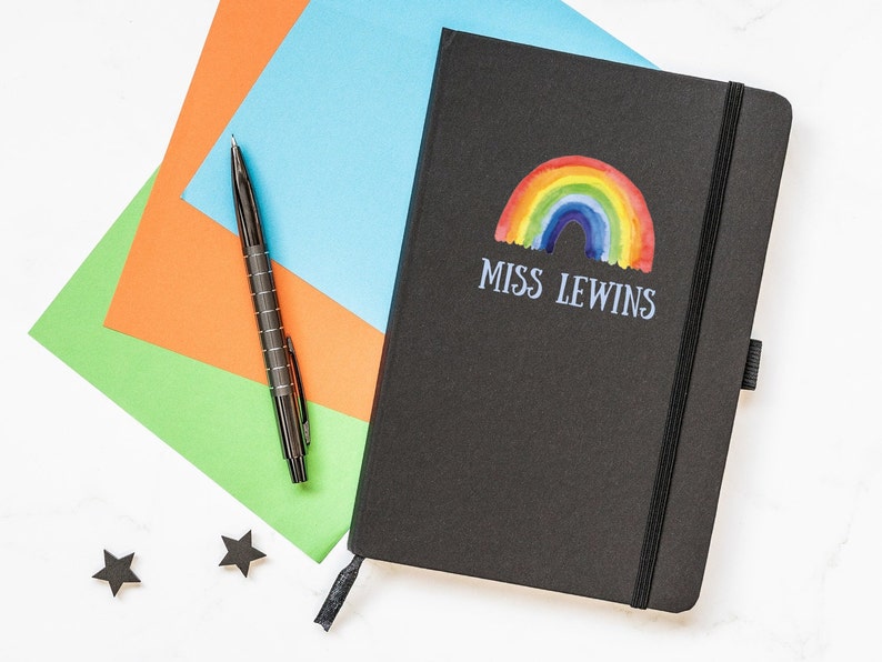 Personalised notebook, A5 teacher notebook, line pages, rainbow notebook design, black notebook
