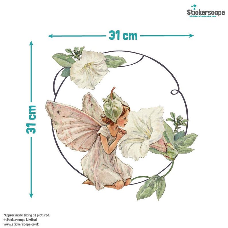May include: A white fairy with pink wings and a green hat is kneeling next to a white flower. The fairy is surrounded by green leaves and vines. The image is 31 inches in diameter.