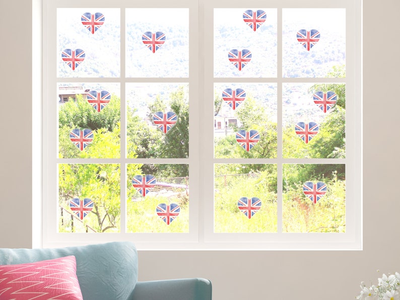 Watercolour Union Jack Hearts window stickers, Jubilee window decorations, Jubilee window decor, Jubilee window display, Jubilee shop window 