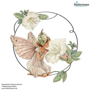 May include: A delicate fairy with pink wings and a green leaf hat kneels beside a large white flower. The fairy is wearing a white dress and has a gentle expression on her face. The flower has a green stem and leaves.