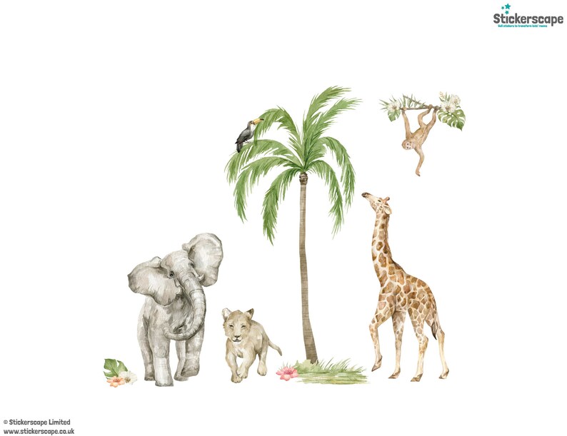 Watercolour Jungle Scene wall sticker pack, Jungle wall stickers, Safari wall stickers, Jungle room decor, Elephant wall sticker image 2