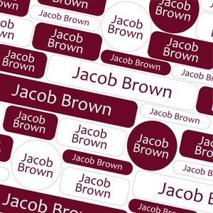 50 or 123 Stick On Name Labels, Burgundy and White Name Labels, School Name Stickers, School Name Tags, Children’s Name Labels for Clothes