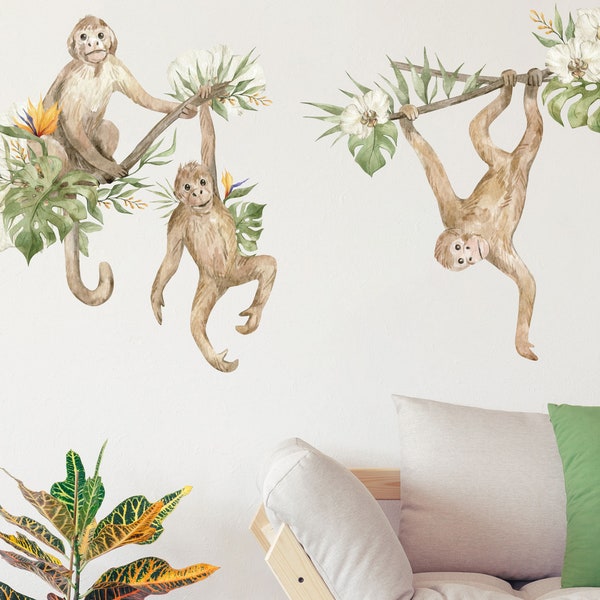 Aquarel Monkeys muur sticker pakket, Jungle muur stickers, Safari muurstickers, Jungle kamer decor