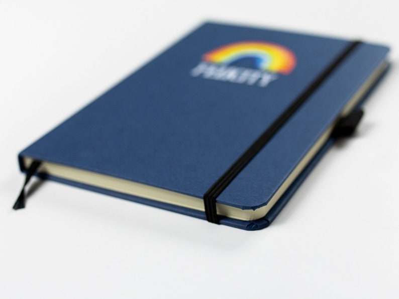 Personalised notebook, A5 teacher notebook, line pages, rainbow notebook design, blue notebook