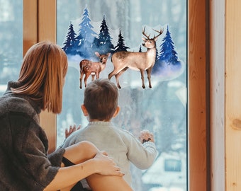 Pegatina de ventana de reno del bosque, pegatinas de ventana de ciervo, calcomanía de ventana de Navidad, pegatinas de ventana de Navidad, pegatinas de ventana de invierno