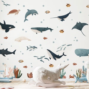 Ocean Friends Scene Wall Sticker Pack, Underwater Wall Decals, Whale Stickers for Walls, Underwater Themed Room, Ocean Wall Stickers