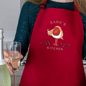 Personalisierte Weihnachtsschürze Rotkehlchen, Rotkehlchen Weihnachtsschürze für Frauen, Backschürze für Weihnachten, Personalisierte Weihnachtsschürze