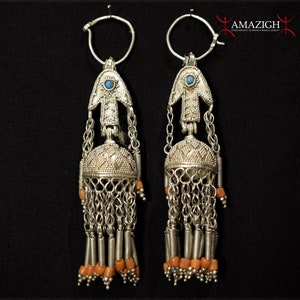 Antique Kyrgyr Silver & Coral Earrings - Gushwar-e Kafasi - Kyrgyzstan