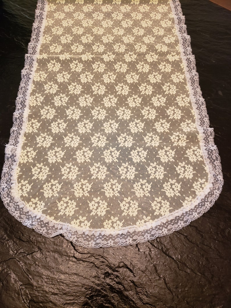 Yellow and White Lace Table Runner Dresser Scarf Vanity Topper