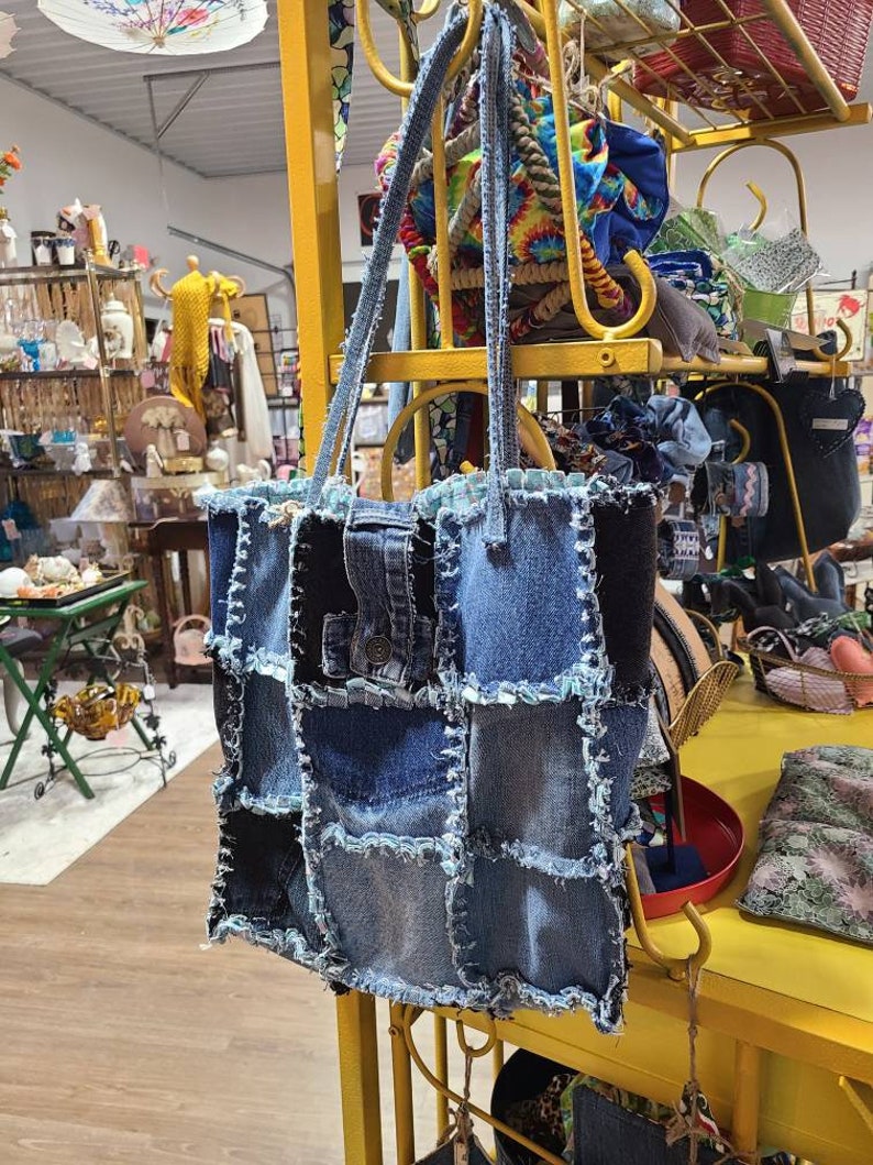 Boho Denim Tote Bag Upcycled Blue Jean Bag Blue Jean Rag Quilt Purse