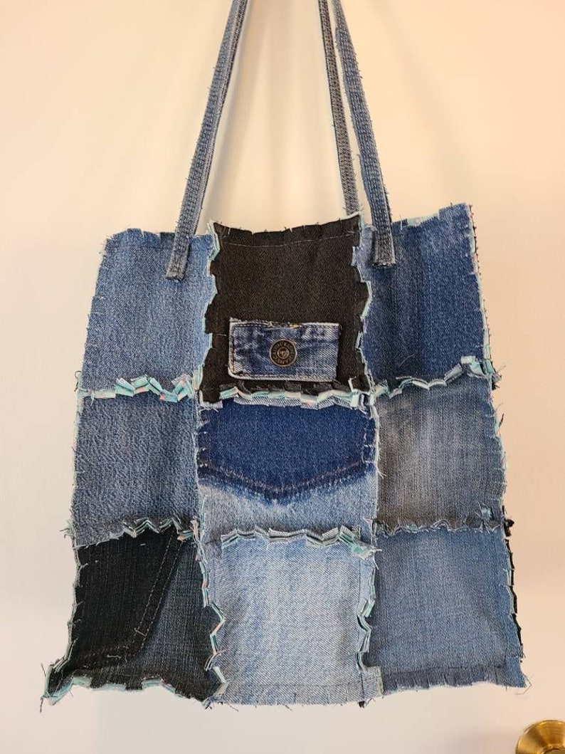 Boho Denim Tote Bag Upcycled Blue Jean Bag Blue Jean Rag Quilt Purse