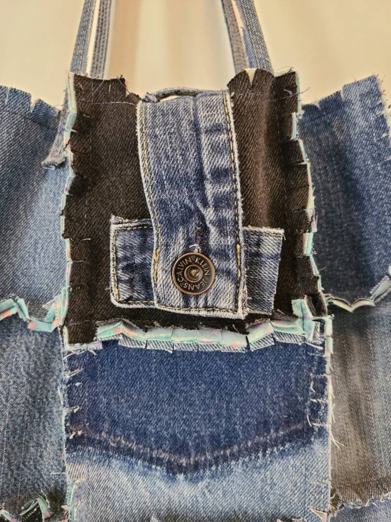 Boho Denim Tote Bag Upcycled Blue Jean Bag Blue Jean Rag Quilt Purse