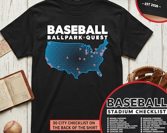パーソナライズされた野球場クエストTシャツ｜アメリカ地図スタジアムチェックリスト、ロードトリップ野球シャツ