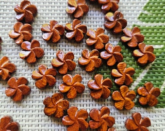 Wood flower beads with hole through - brown lot of 6, 12, 24 jewelry making accessories