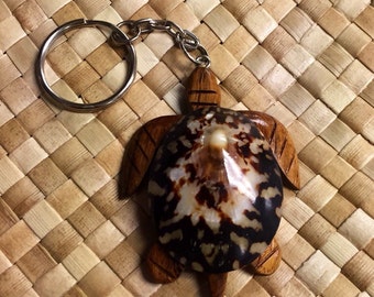 Wood Turtle Opihi Shell keychain - gifts or favor key holder handmade - pendant arts and crafts give aways