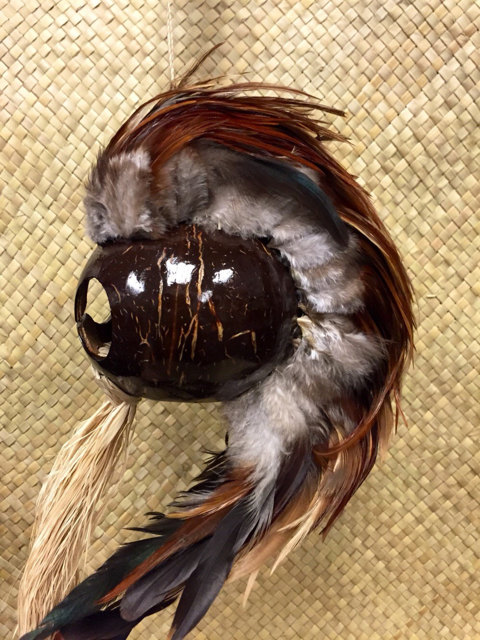 Hawaiian Warrior Helmet Coconut Head Feathers Beads Handmade Etsy