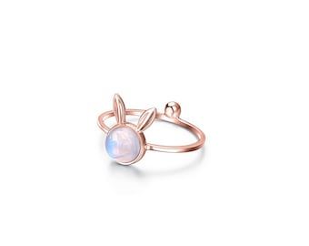 Bunny Lover Moonstone Ring,  Bunny Ring Rose Gold Ring, Animal Ring, Gemstone Ring, Bunny Tail Ring