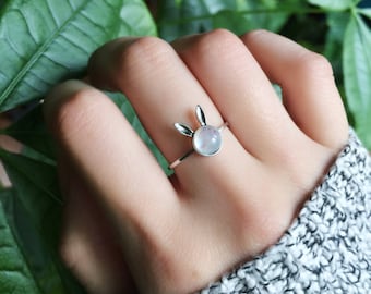 Bunny Lover Moonstone Ring,  Bunny Ring Silver Ring, Animal Ring, Gemstone Ring, Bunny Tail Ring